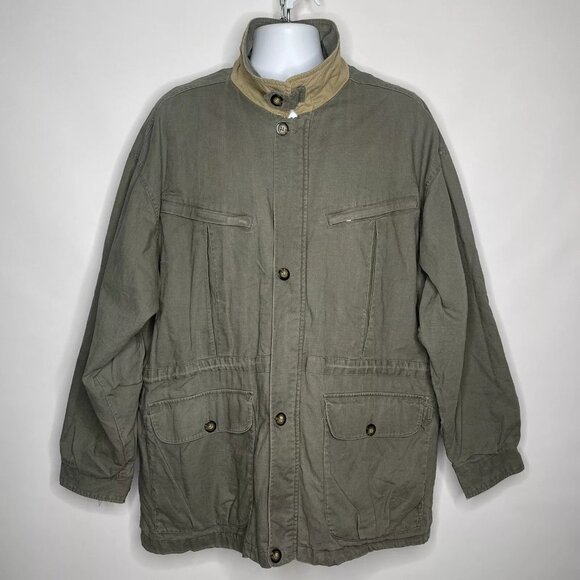 Vintage 90s JL Colebrook Olive Green Khaki Linen Field Jacket Chore Coat - Picture 1 of 9